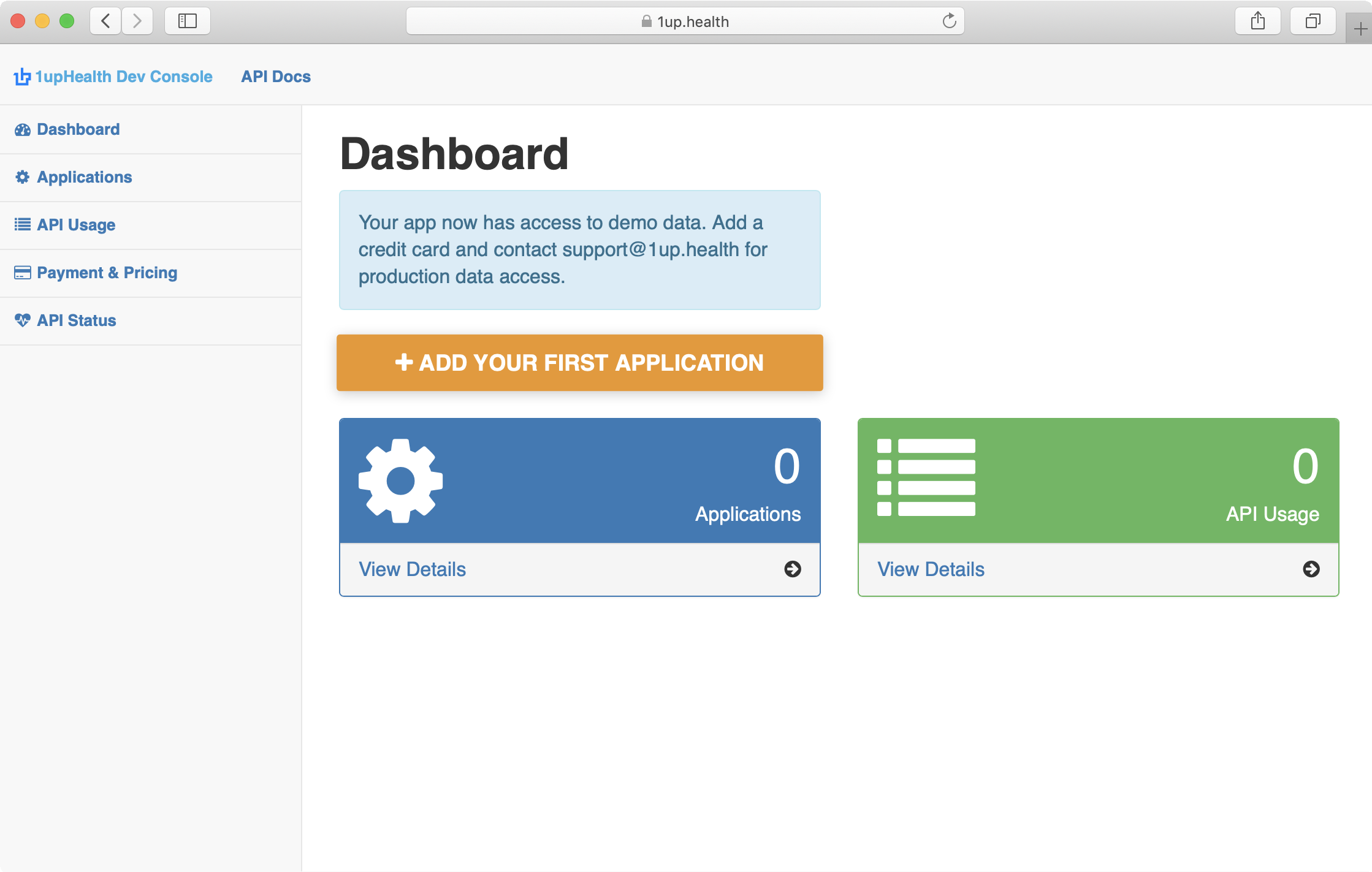 Screenshot of the 1upHealth Console Dashboard page
